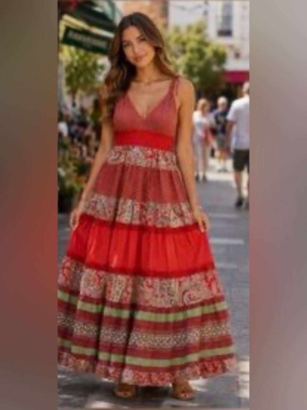 NWT Chaudry Bohemian Maxi Tiered Dress Red Adjustable Straps Small